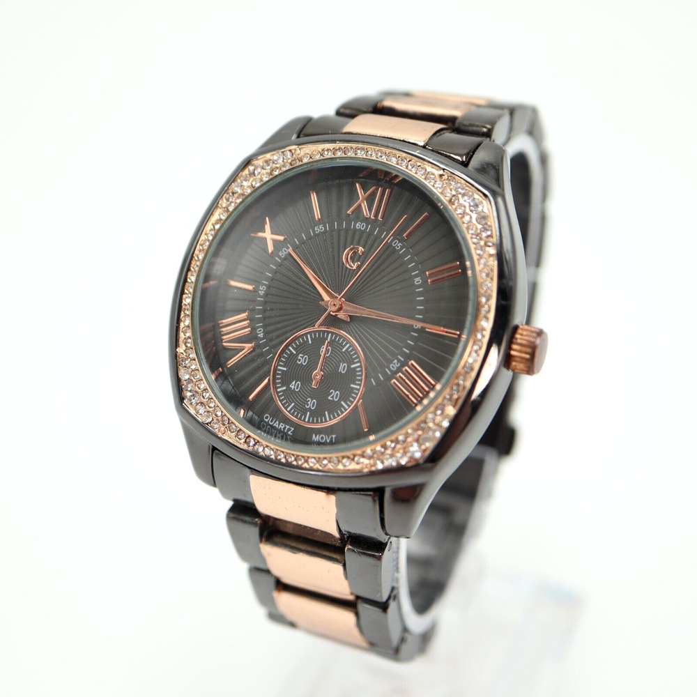 Charming Charlie Womens Two Tone Watch 39mm Black Rose Gold Tone w New Battery
